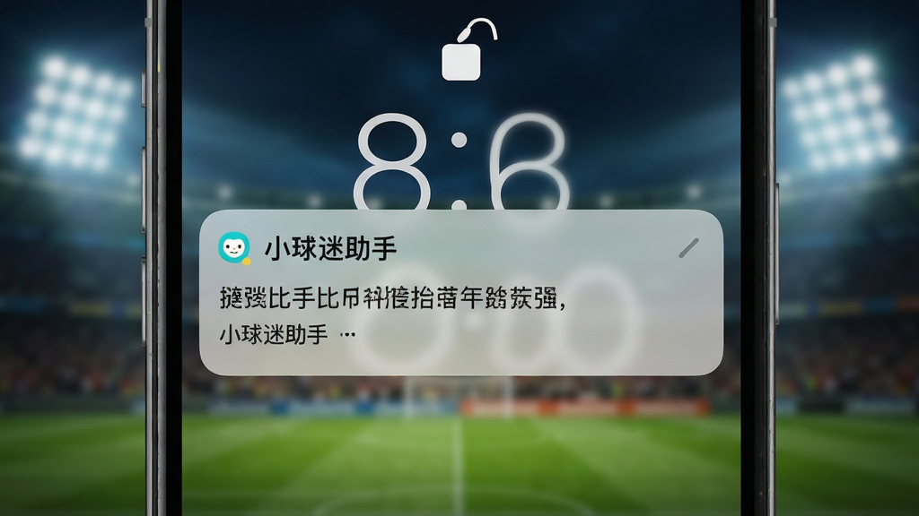 手机通知栏弹出“小球迷助手”比分推送消息,画面主体为手机锁屏界面,背景是模糊的足球场灯光,排版简洁,风格写实,细节丰富,画质清晰,干净无杂乱元素