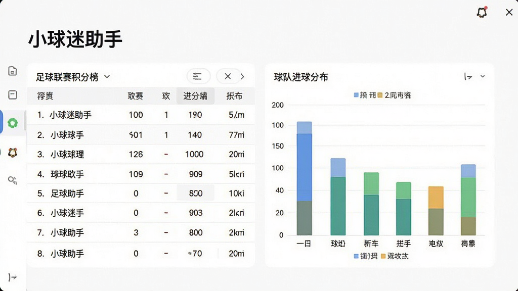 “小球迷助手”数据统计页面,屏幕显示足球联赛积分榜表格与球队进球分布柱状图,背景为白色简约风格,文字清晰,排版规整,画质干净,无多余元素