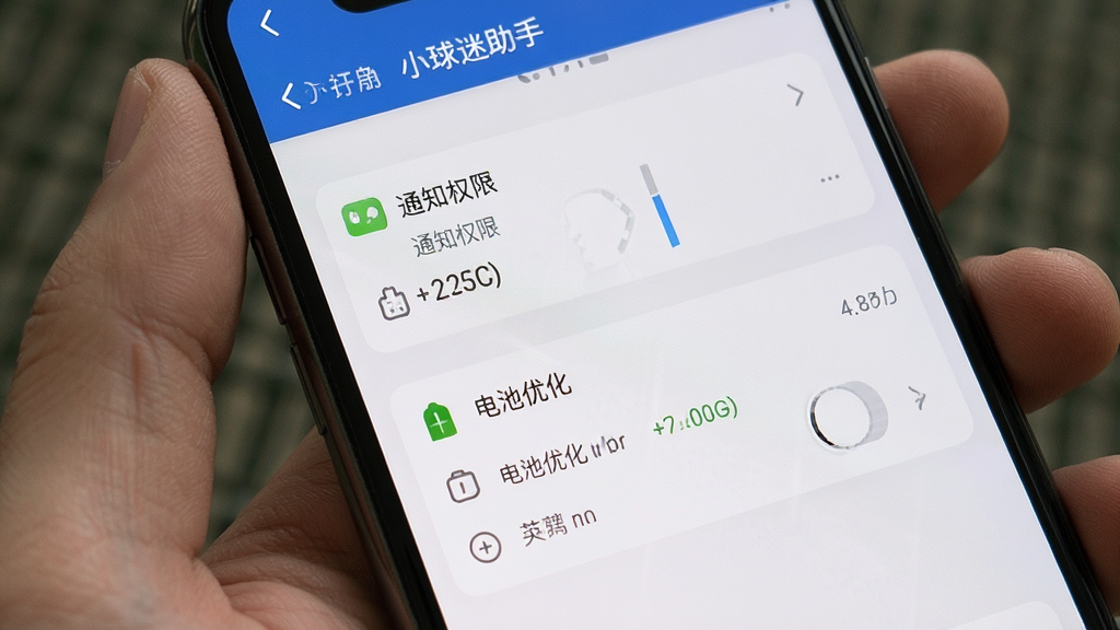 “小球迷助手”手机设置界面截图展示通知权限与电池优化选项,画面主体为手机屏幕,布局清晰,排版整齐,风格简约写实,细节丰富,画质干净,无多余元素
