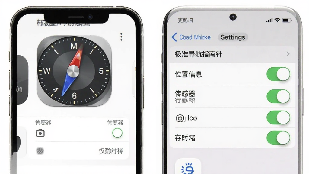 极准导航指南针应用在手机桌面上的图标与权限设置界面,手机屏幕显示应用权限列表,包括位置信息、传感器、存储等开关,主体为手机与设置界面,布局居中,风格为系统设置类UI,细节包含权限开关、应用图标、文字说明,画质高清,干净,无多余元素