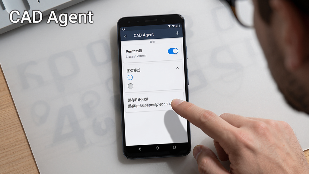 AI生图提示词:画面主体为一部安卓手机屏幕显示CAD Agent的设置界面,界面中有存储权限开关、渲染模式选项和缓存目录路径,手机旁边有一位工程师用手指点击屏幕,背景为简洁的浅灰色工作台,布局为手机居中、人物手指指向屏幕,风格为写实UI展示风,细节包含屏幕UI元素清晰、手指阴影自然、工作台木纹质感,画质为4K超清,干净无多余元素,画面中打文字“CAD Agent”
