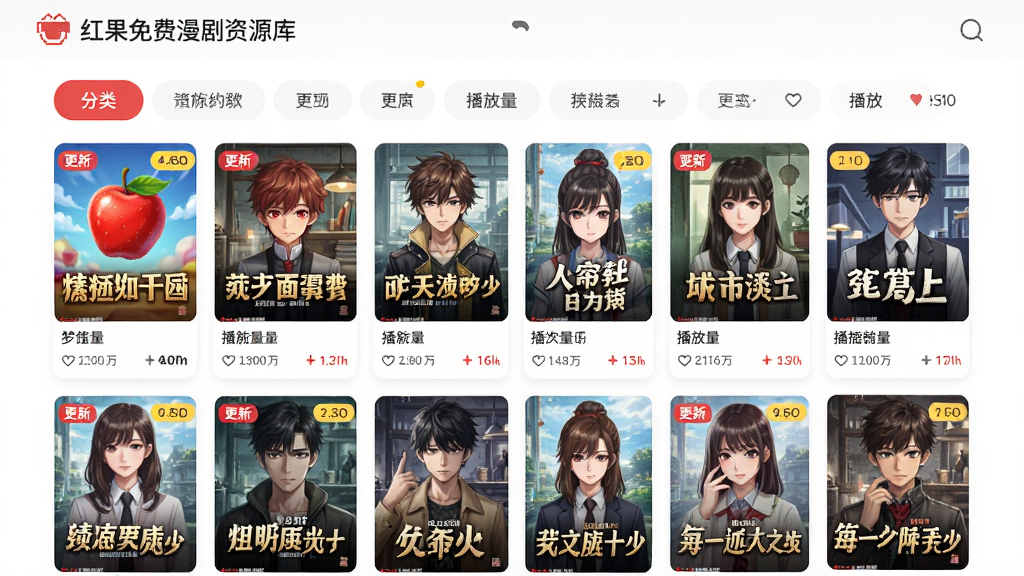 红果免费漫剧资源库界面,画面中呈现分类标签与瀑布流剧集封面,布局为上下结构,上方为分类导航,下方为多行剧集卡片,风格活泼鲜艳,细节包括更新提示标签与播放量数据,画质清晰,干净,无多余元素