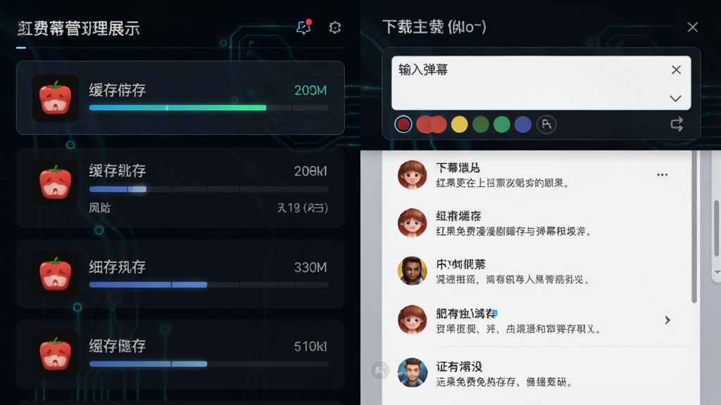 红果免费漫剧缓存与弹幕功能展示,画面分为左右两部分,左侧为下载管理列表,右侧为弹幕输入框与评论滚动效果,布局清晰,风格科技感十足,细节包括缓存进度条与弹幕颜色选择,画质高清,干净,无多余元素