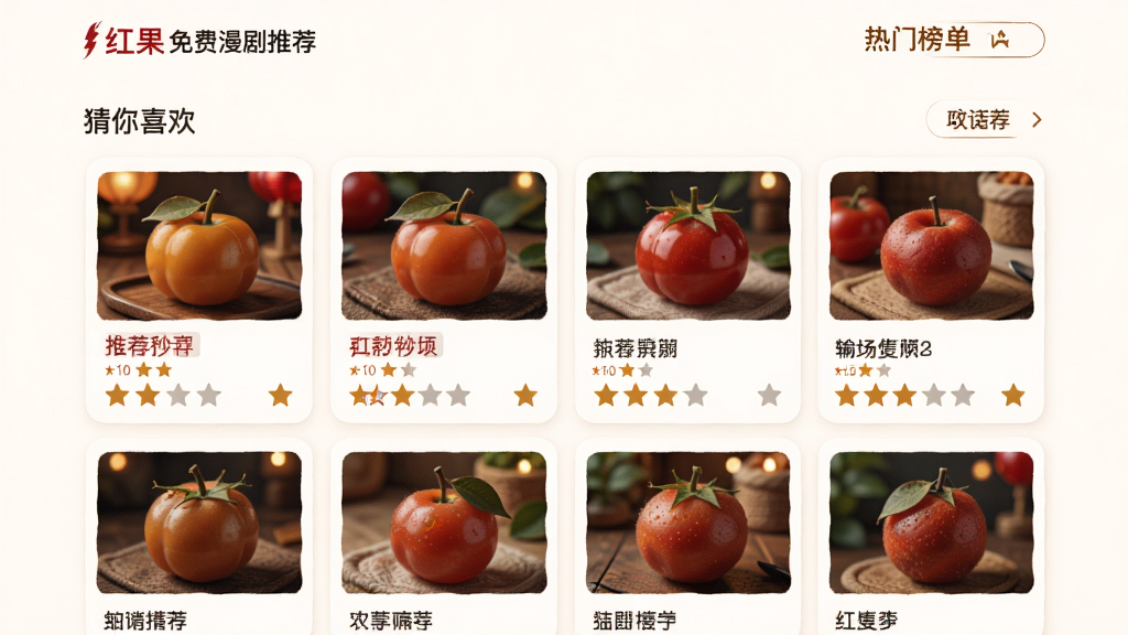红果免费漫剧推荐页面,画面中展示猜你喜欢与热门榜单模块,布局为卡片式排列,风格温馨舒适,细节包括推荐标签与评分星级,画质高清,干净,无多余元素