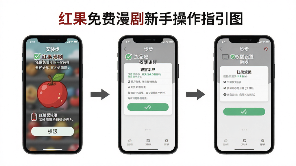 红果免费漫剧新手操作指引图,画面中展示手机安装步骤与权限设置界面,布局为分步流程图,风格扁平化设计,细节包括勾选按钮与提示文字,画质高清,干净,无多余元素