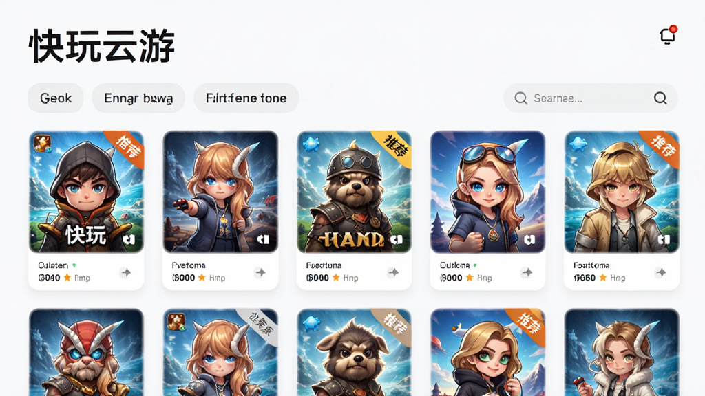 快玩云游 海量游戏库界面图,画面主体为一个游戏列表界面,布局为网格状排列的游戏封面图标,上方写“快玩云游”标题,风格为现代简约卡片式设计,细节包括游戏分类标签、搜索框、推荐角标,画质高清,干净,无多余元素