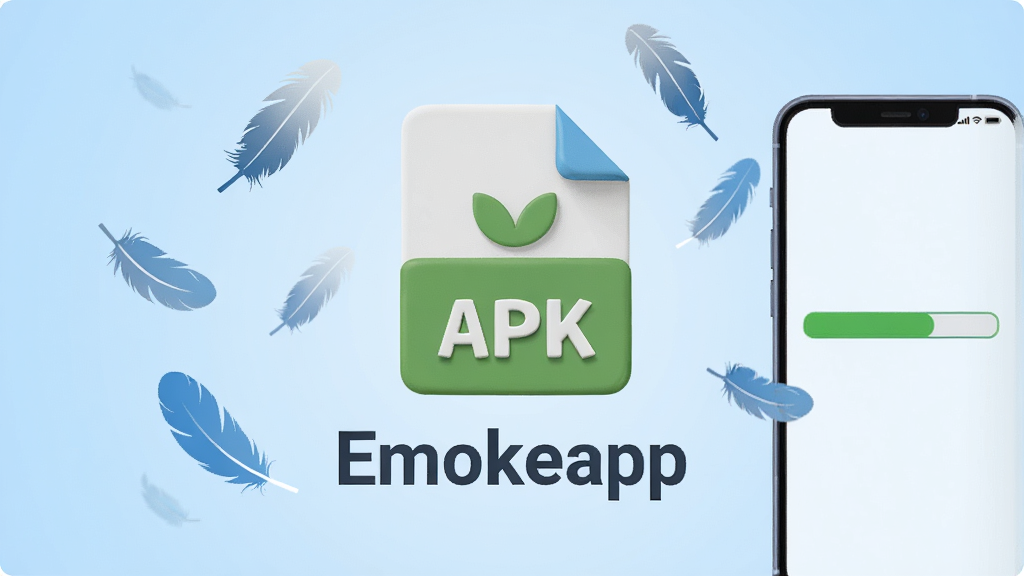 画面中央为一个立体风格的APK文件图标,图标下方显示「Emokeapp」文字,周围环绕羽毛和羽毛状的飘落效果,右侧有一部手机屏幕显示安装进度条。背景为浅蓝色渐变,风格为清新扁平化,布局居中,画质清晰,干净无多余元素。
