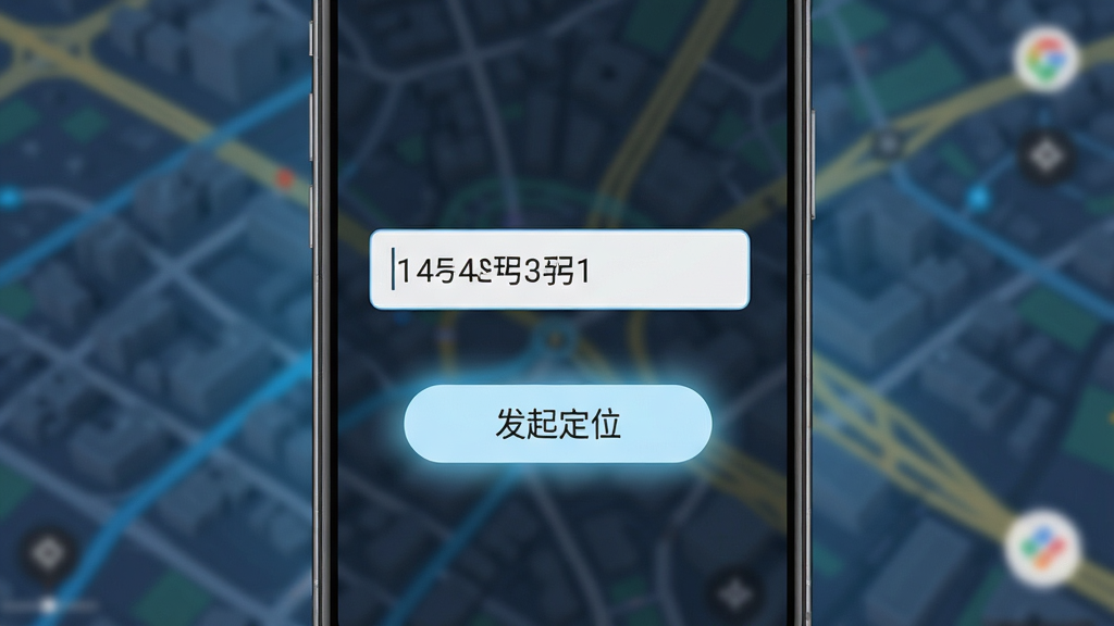 手机号免费实时定位功能界面截图,画面展示一部安卓手机屏幕,屏幕中央是一个输入框,里面填写着手机号码,下方有“发起定位”按钮,按钮发出淡蓝色光晕,背景是模糊的城市街道地图,整体风格现代科技感,布局居中对称,细节清晰,画质高清,干净无多余元素。