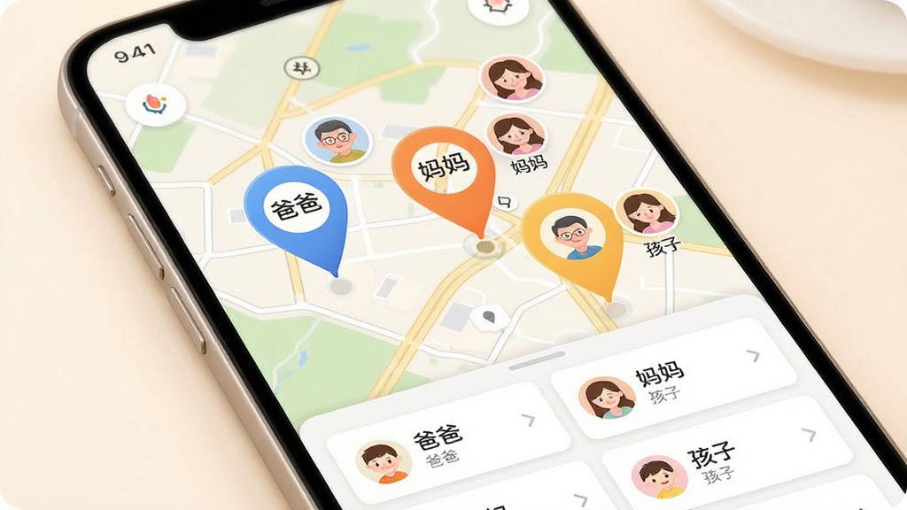手机号免费实时定位多成员位置共享示意图,画面中一部手机屏幕显示地图界面,地图上有三个不同颜色的定位大头针,分别标注“爸爸”“妈妈”“孩子”,每个标记旁边有圆形头像图标,地图下方有成员列表卡片,整体布局清晰,风格温馨家庭感,色调柔和,画质高清,干净整洁。