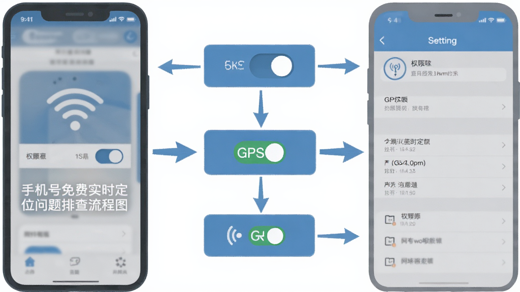 手机号免费实时定位问题排查流程图,画面以信息图形式展示手机屏幕截图与设置菜单示意图,包含权限开关、GPS图标、网络信号等元素,用箭头连接形成操作步骤,风格扁平化设计,色调以蓝灰为主,布局清晰有序,画质高清,干净整洁。