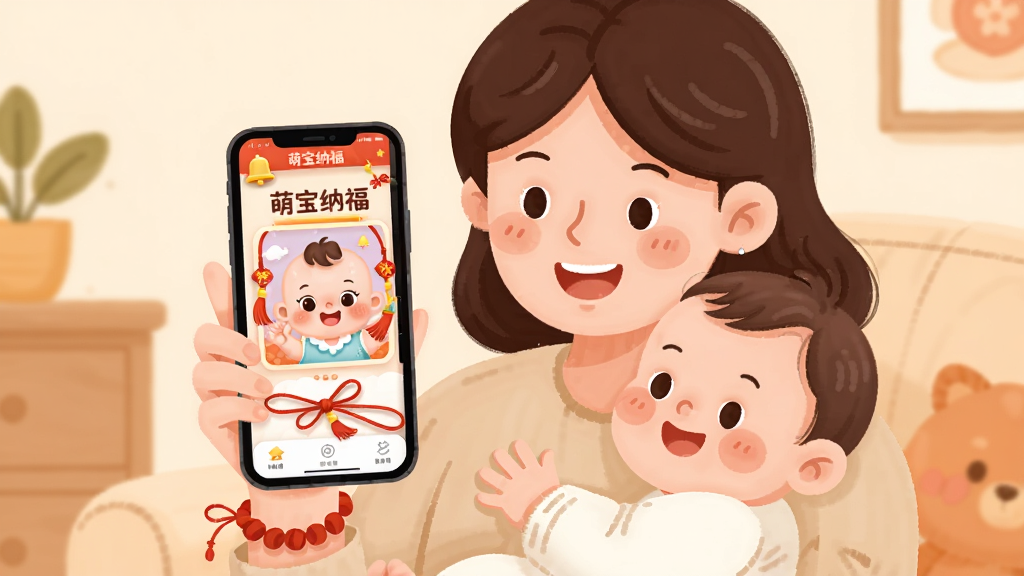 主体为一位年轻妈妈抱着婴儿微笑看着手机屏幕,手机屏幕上显示萌宝纳福软件界面,界面中有卡通宝宝形象和祈福红绳元素,布局采用中心构图,妈妈和宝宝位于画面中央,手机屏幕内容清晰可见,背景为温馨的浅米色家居环境,风格为温暖治愈的扁平插画风,细节包括妈妈手腕上的红绳手链、婴儿脸颊的腮红、手机界面上的小铃铛图标,画质高清,干净,无多余元素,图片中文字为“萌宝纳福”