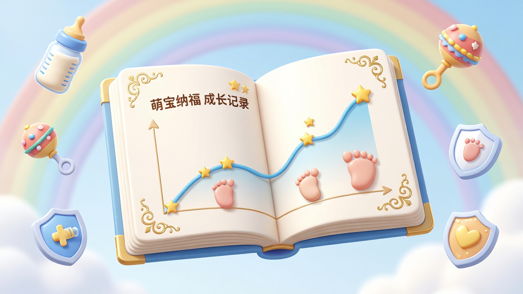 主体为一本展开的虚拟成长纪念册悬浮在空中,纪念册页面上有生长曲线图和可爱的婴儿脚印图标,布局为纪念册居中,周围环绕着漂浮的奶瓶、拨浪鼓、疫苗小盾牌等图标,风格为柔和清新的3D渲染风,细节包括纪念册边缘的烫金花纹、曲线图上的小星星标记、背景中若隐若现的彩虹,画质高清,干净,无多余元素,图片中文字为“萌宝纳福 成长记录”