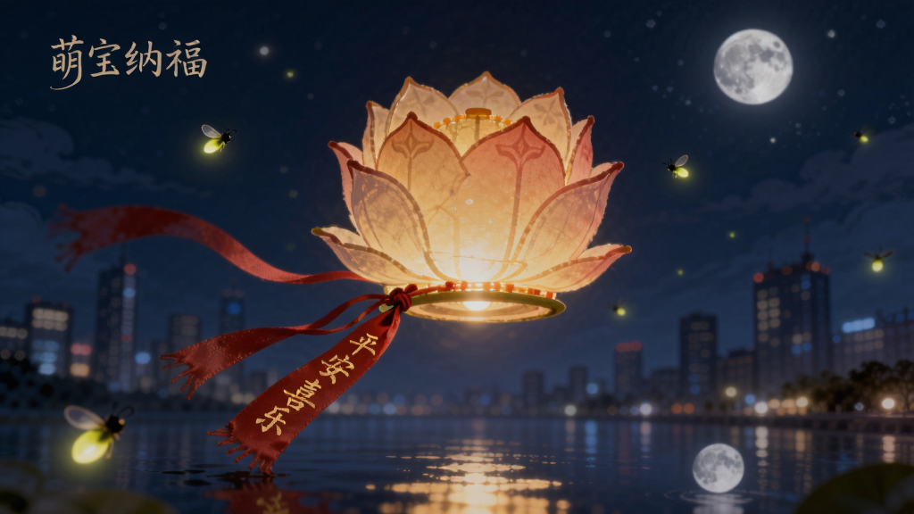 主体为一盏发光的莲花许愿灯漂浮在夜空中,灯上系着红色祈福丝带,布局为许愿灯位于画面中央偏上,下方是模糊的城市夜景剪影,风格为梦幻唯美的手绘风,细节包括丝带上的金色小字“平安喜乐”、周围飘散的萤火虫光点、水面倒影中的月亮,画质高清,干净,无多余元素,图片中文字为“萌宝纳福”