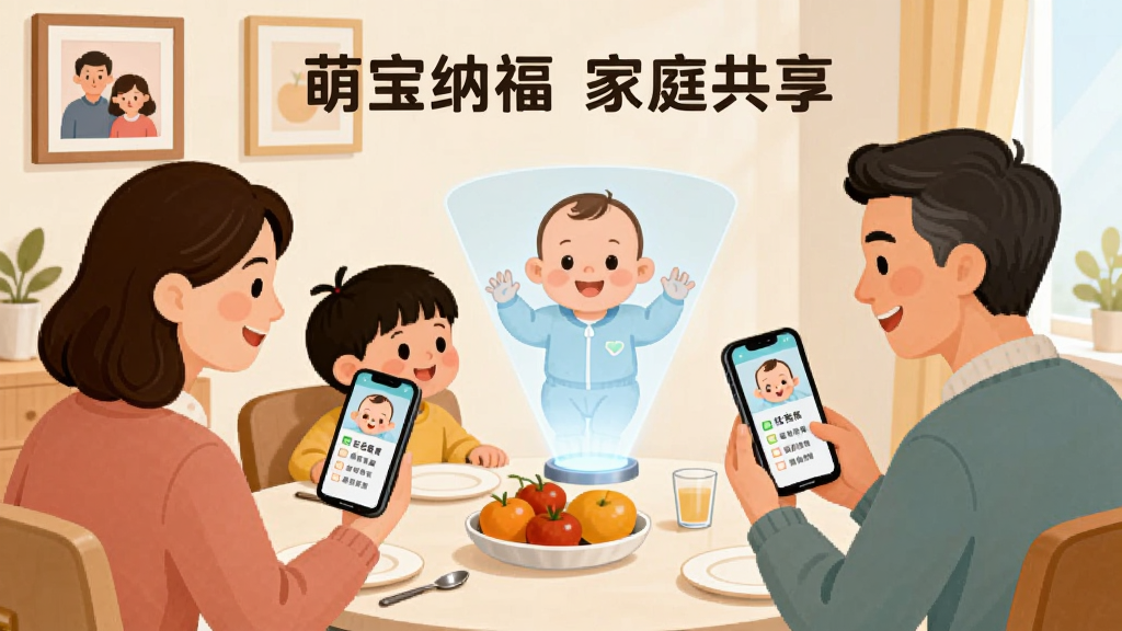 主体为一家四口围坐在餐桌旁,每个人手中都拿着手机,手机屏幕显示相同的宝宝头像和任务清单,布局为家庭成员环绕餐桌,视线集中于中间悬浮的宝宝全息投影,风格为温馨现代的家居插画风,细节包括餐桌上的水果盘、墙上的全家福相框、每个人脸上的笑容,画质高清,干净,无多余元素,图片中文字为“萌宝纳福 家庭共享”