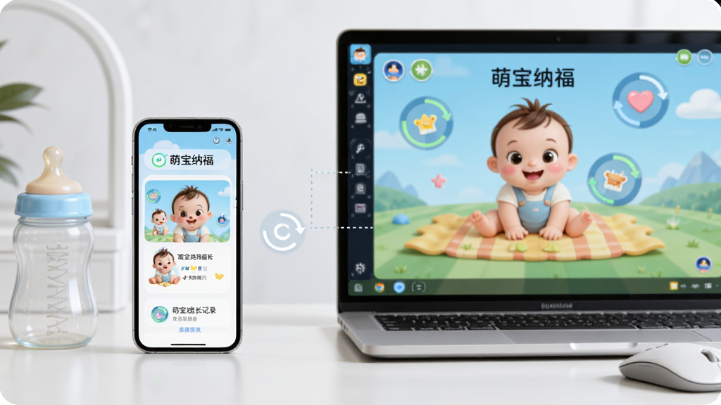 主体为一部智能手机和一台笔记本电脑并排放在桌面上,手机屏幕显示萌宝纳福的成长记录页面,电脑屏幕显示模拟器中的萌宝纳福界面,布局为手机在左、电脑在右,两者之间用一条虚线连接表示数据同步,风格为简洁科技风,细节包括手机旁边的奶瓶、电脑旁的鼠标、屏幕上的同步图标,画质高清,干净,无多余元素,图片中文字为“萌宝纳福”