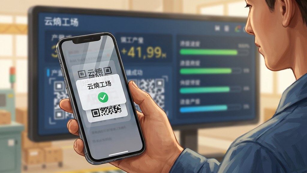 画面以工厂车间为背景,前景是一位工人手持手机扫描工单上的二维码,手机屏幕显示“云熵工场”报工成功弹窗与绿色对勾;后方背景虚化显示电子看板,上面有实时跳动的产量数字与进度条;风格为写实与插画结合,色调温暖明亮,强调人与设备的互动;细节上手机屏幕有清晰的反光,二维码纹理可辨;画质清晰,干净,无多余元素。