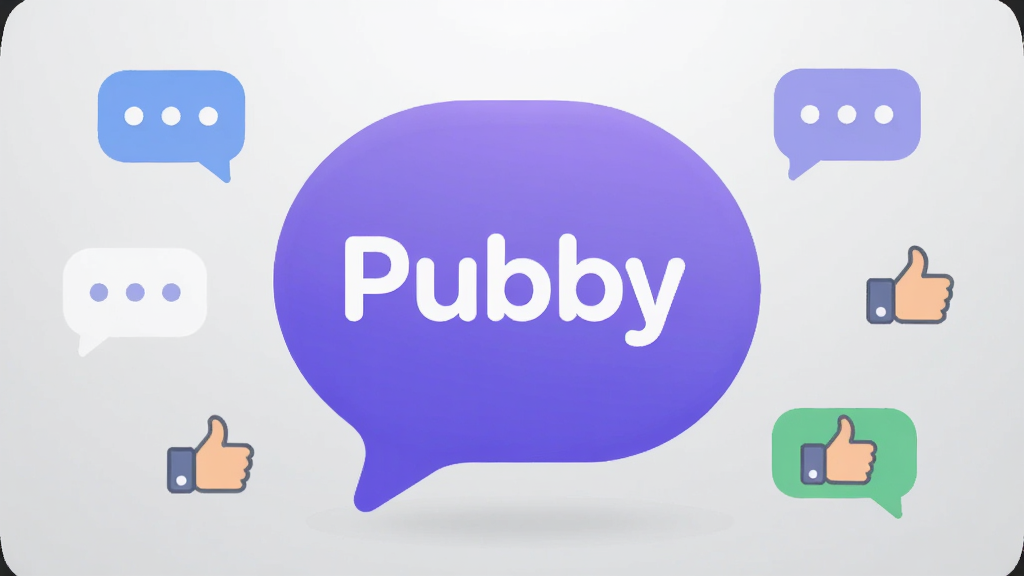 Pubby 是一款轻量社交应用,画面中央放置一个圆润的紫色气泡图标,气泡内写着