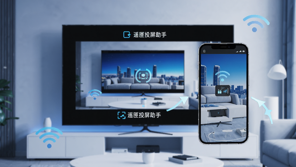 一张展示手机与电视通过无线信号连接投屏的示意图,画面中央是手机屏幕镜像到电视大屏,背景为现代客厅环境,整体风格简洁科技感,色调以蓝色和白色为主,细节包含WiFi信号图标和投屏箭头,画质清晰干净,无多余元素,图片中文字标注“遥匣投屏助手”