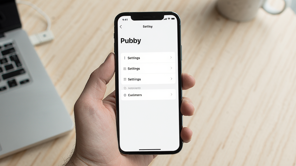 Pubby 移动端操作示意图,画面中一只手拿着手机,手机屏幕上显示 Pubby 的设置页面,页面中有