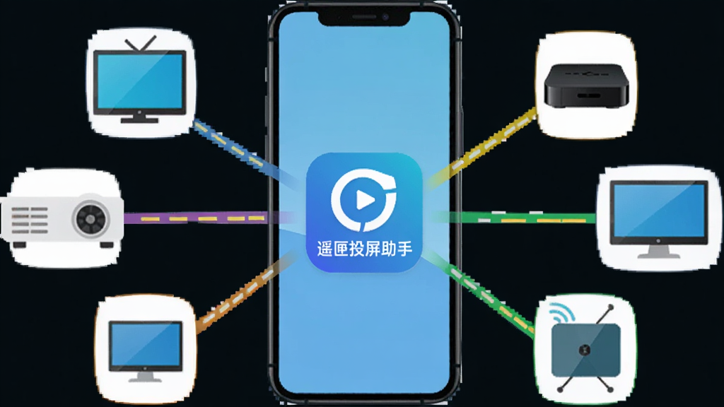 一个手机屏幕周围环绕着多种设备图标,包括电视、投影仪、机顶盒和电脑显示器,每个设备用不同颜色的线条与手机相连,中心位置显示“遥匣投屏助手”标志,整体布局呈放射状,风格扁平化科技风,细节清晰,画质干净,无多余装饰