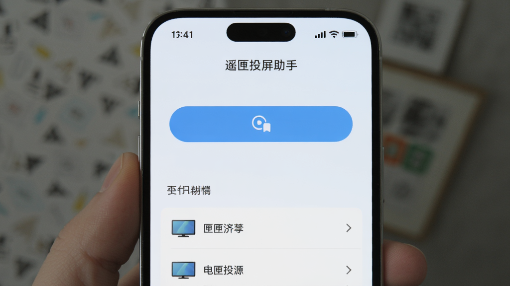 一部手机显示遥匣投屏助手的简洁界面,界面中央有一个醒目的搜索按钮,下方列出附近可连接的电视设备名称,整体UI风格清新浅色,布局干净,细节突出易用性,画质清晰,无多余元素,界面中文字显示“遥匣投屏助手”
