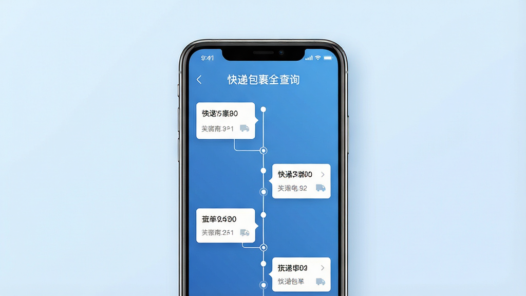 一张手机应用界面展示图,画面中央是一部竖屏智能手机,手机屏幕上显示快递包裹全查询的物流时间轴界面,包含多个快递单号卡片和物流轨迹节点,背景为干净的浅蓝渐变,界面风格简洁现代,屏幕中文字清晰显示