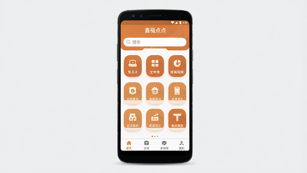 一张手机应用界面展示图,画面中央是一部安卓手机,手机屏幕上显示“鑫福点点”APP的主页界面,界面采用暖色调设计,顶部有搜索栏,中部是功能图标网格,底部是导航菜单栏,背景为干净的浅灰色,整体风格简洁现代,画质清晰,无多余元素