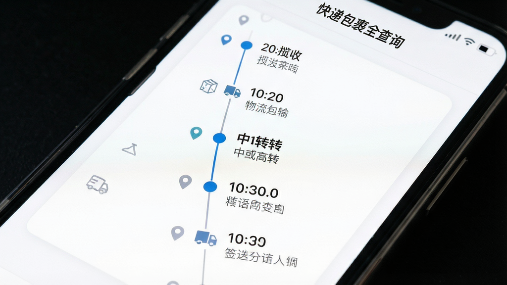 一张手机屏幕特写图,屏幕上显示快递包裹全查询的物流时间轴页面,时间轴从上到下依次排列揽收、运输、中转、派送、签收等节点,每个节点带有时间戳和地点信息,背景为纯白卡片式设计,界面中带有