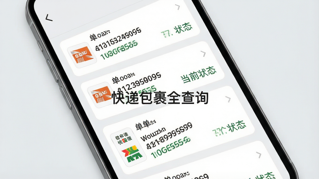 一张展示手机应用查询记录列表的界面图,屏幕上排列多个快递单号卡片,每张卡片显示快递公司图标、单号尾号和当前物流状态,界面布局整齐,背景为浅灰色,风格清爽简约,屏幕中文字清晰显示