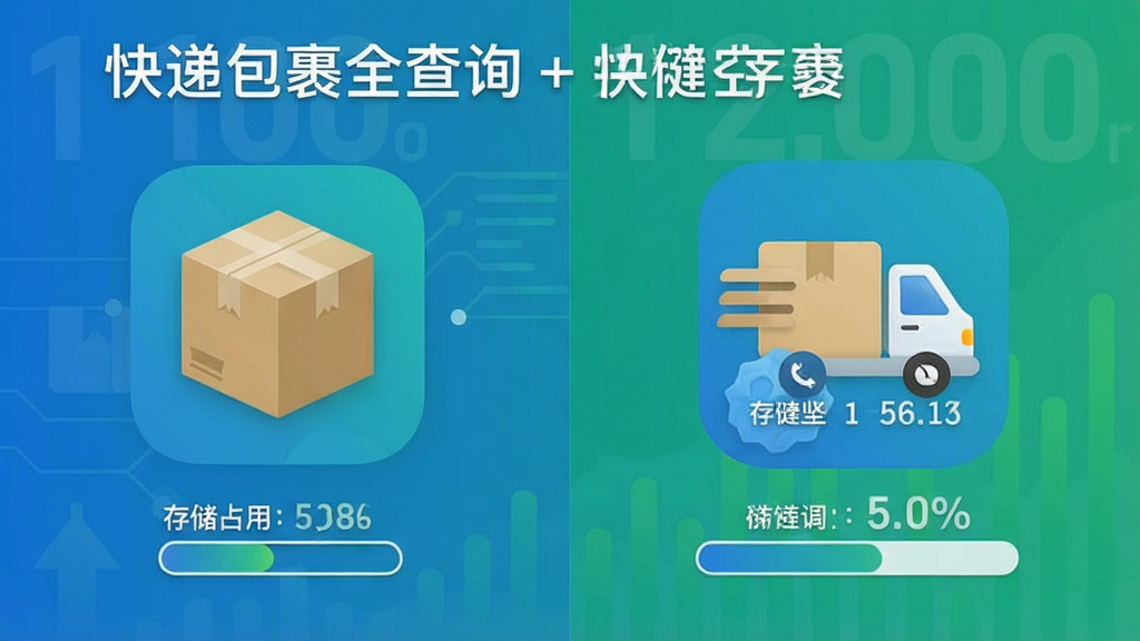 一张展示手机存储空间和运行内存占用对比的示意图,画面左侧显示快递包裹全查询应用图标和较小的存储占用数字,右侧对比其他应用较大的占用数字,整体布局左右对比清晰,风格信息图表化,配色以蓝绿为主,画面中带有