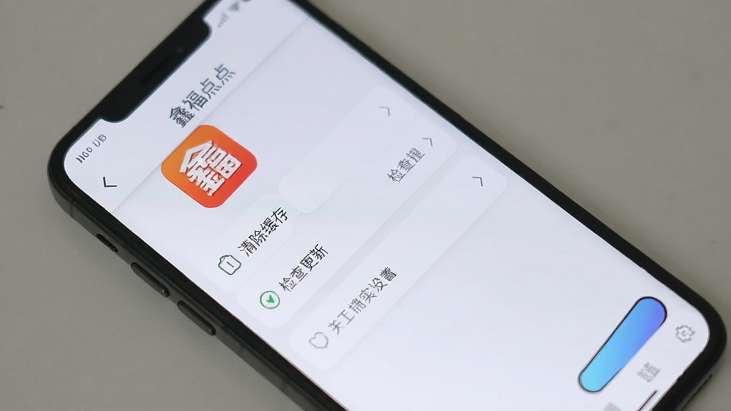 一部手机显示“鑫福点点”APP的设置页面,页面中包含清除缓存、检查更新等选项,背景干净,画面风格简洁实用,突出操作指引的主题,画质清晰,无多余元素