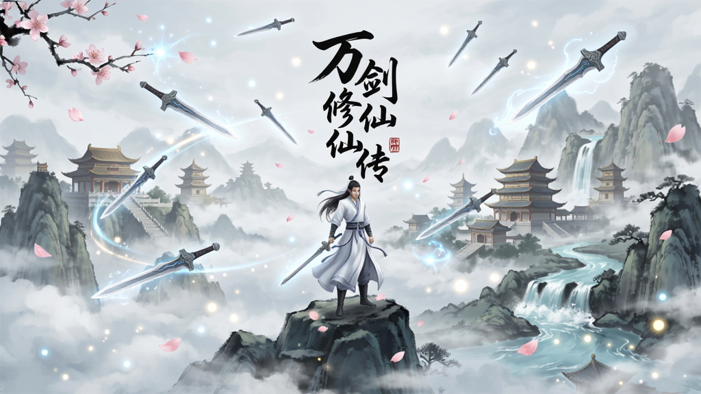 万剑修仙传游戏主界面,仙侠风格,主体为一位白衣剑修站在云雾缭绕的仙山之巅,背景有飞剑环绕、宫殿楼阁,布局为竖版手机屏幕比例,排版居中展示游戏名称“万剑修仙传”,风格为唯美水墨国风,细节包含飘落的花瓣、灵光粒子、远山流水,画质高清,干净,无多余元素
