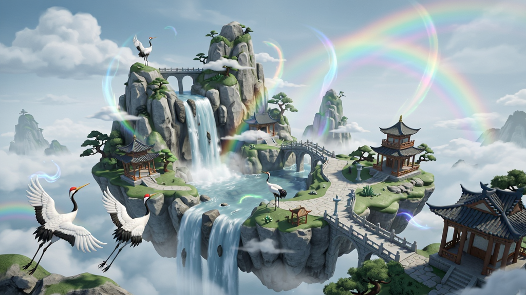 万剑修仙传场景原画,主体为蓬莱仙岛全景,布局为竖版手机壁纸比例,排版无文字,风格为水墨国风与3D结合,细节包含瀑布、仙鹤、亭台楼阁、彩虹、灵光,画质高清,干净,无多余元素