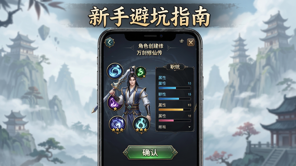 万剑修仙传新手引导界面,主体为手机屏幕显示角色创建与职业选择,布局为竖版,排版上方有“新手避坑指南”文字,风格为仙侠UI,细节包含职业图标、属性面板、确认按钮,画质高清,干净,无多余元素