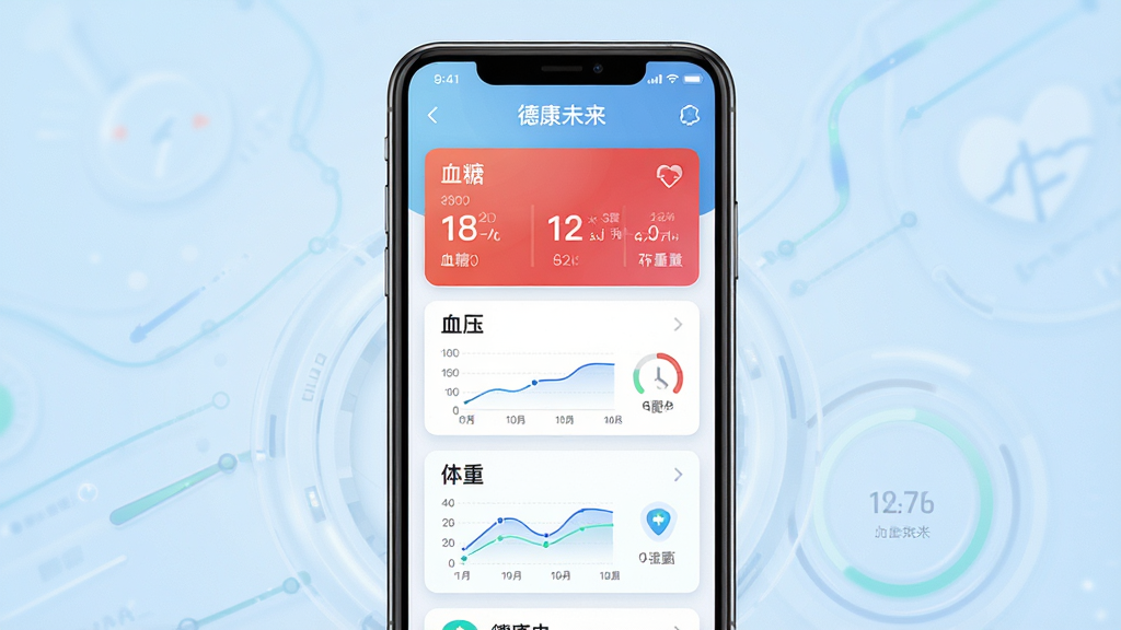 画面中央是一部智能手机,屏幕上显示着“德康未来”应用的健康数据仪表盘界面,包含血糖、血压、体重等卡片式数据展示。背景为干净的浅蓝色渐变,布局简洁,风格现代科技感,细节上突出数据图表的清晰度与界面的易用性。画质高清,干净,无多余元素。