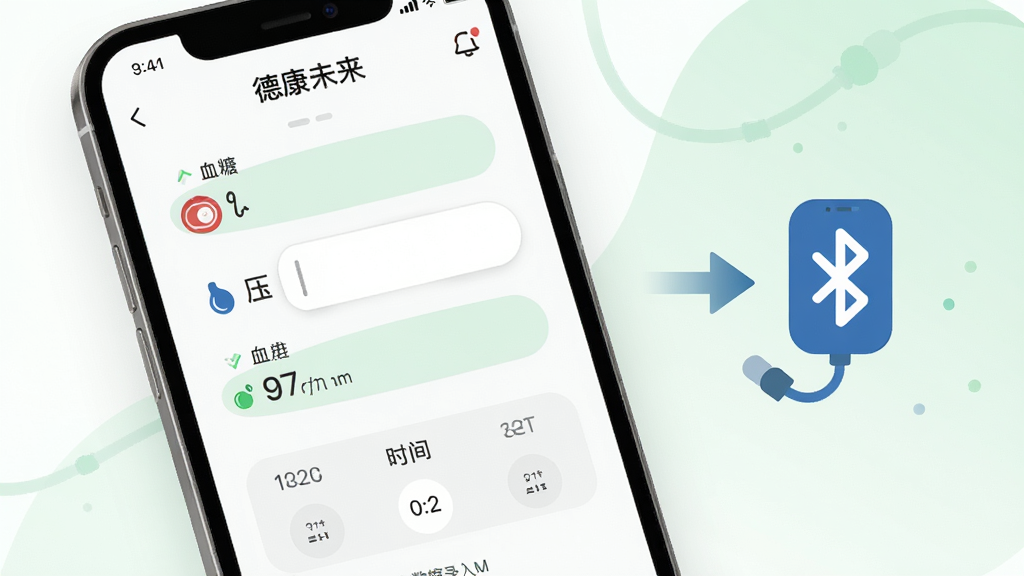 画面展示“德康未来”应用内的数据录入界面,左侧为手机屏幕特写,显示血糖、血压等输入框与时间选择器,右侧为蓝牙设备图标与同步箭头。背景为柔和的白色与浅绿色搭配,风格清新简洁,细节上突出输入框的圆角设计与图标辨识度。画质高清,干净,无多余元素。