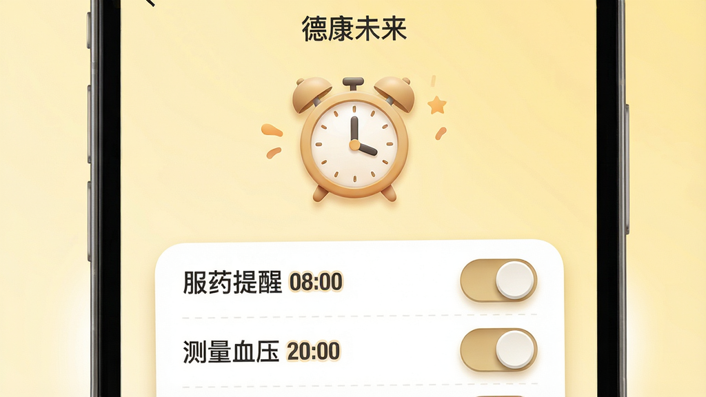 画面展示“德康未来”应用的提醒设置界面,手机屏幕中央显示一个闹钟图标,下方列出“服药提醒 08:00”“测量血压 20:00”等条目,每条右侧有开关按钮。背景为淡黄色渐变,风格温馨友好,细节上突出开关的立体感与文字的清晰度。画质高清,干净,无多余元素。