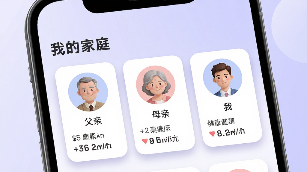 画面展示“德康未来”应用的家庭成员管理界面,手机屏幕上方显示“我的家庭”标题,下方排列着三个成员头像卡片,分别标注“父亲”“母亲”“我”,每个卡片旁有健康数据摘要。背景为浅紫色渐变,风格柔和亲切,细节上突出头像的圆角与卡片的阴影效果。画质高清,干净,无多余元素。