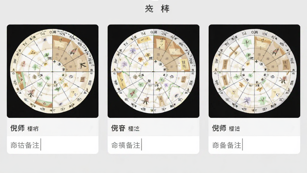 一张扁平化风格的手机界面展示图,画面中排列着三张倪师排盘的命盘缩略图卡片,每张卡片下方有备注标签输入框,背景为浅灰色,界面布局整齐,风格清爽素雅,画质清晰,无杂乱元素