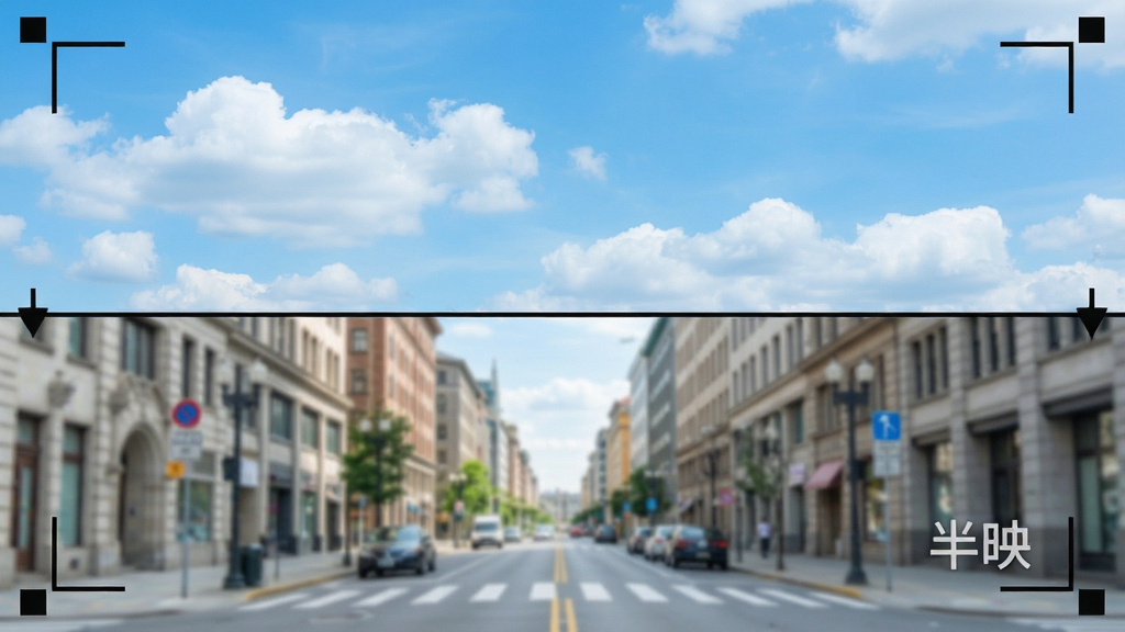 一张展示半映半格取景功能的示意图,画面被一条水平分割线分为上下两半,上半部分为蓝天白云,下半部分为城市街道,布局左右对称,排版居中,风格清新明亮,细节包括分割线、取景框四角标记、半映文字水印,画质清晰,干净,无多余元素