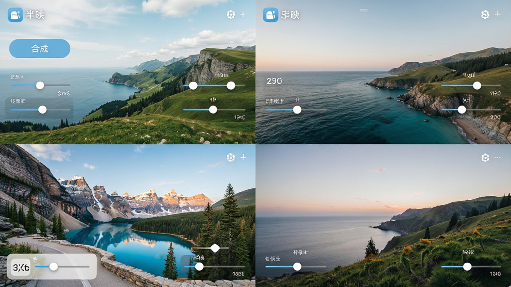 一张半映快速合成功能的界面截图,画面中四张不同风景照片被整齐排列成2x2网格,布局为网格状,排版规整,风格为清新浅色,细节包括半映应用名称、合成按钮、调整滑块,画质高清,干净,无多余元素