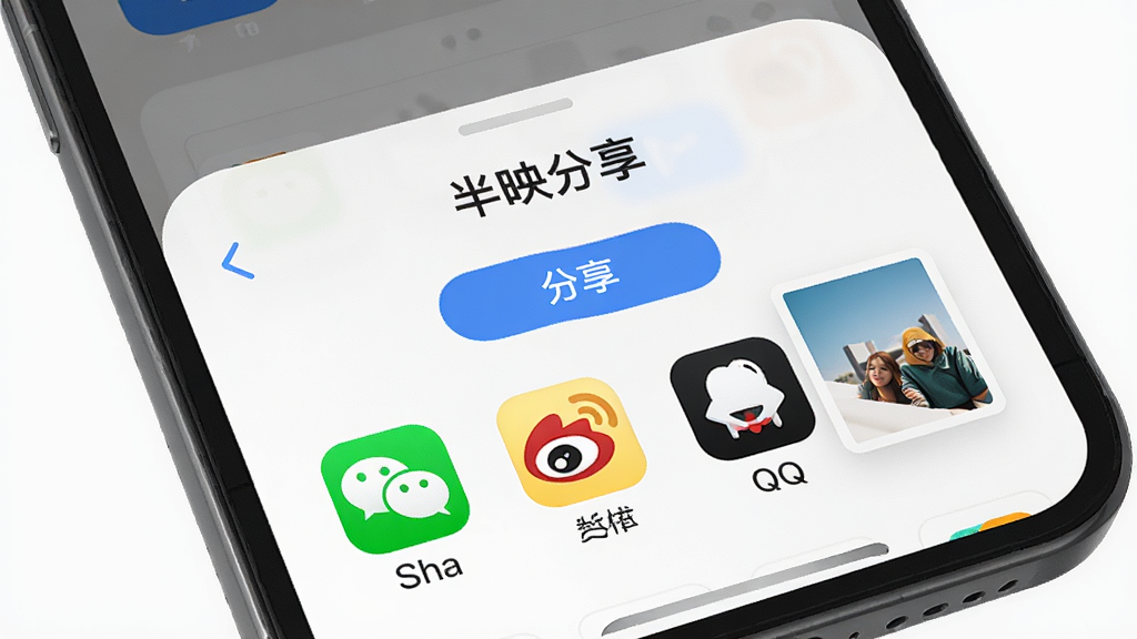 一张半映一键分享功能的示意图,画面中手机屏幕显示分享面板,包含微信、微博、QQ等图标,布局为底部弹出式,排版清晰,风格为圆角柔和,细节包括半映应用名称、分享按钮、图片缩略图,画质高清,干净,无多余元素