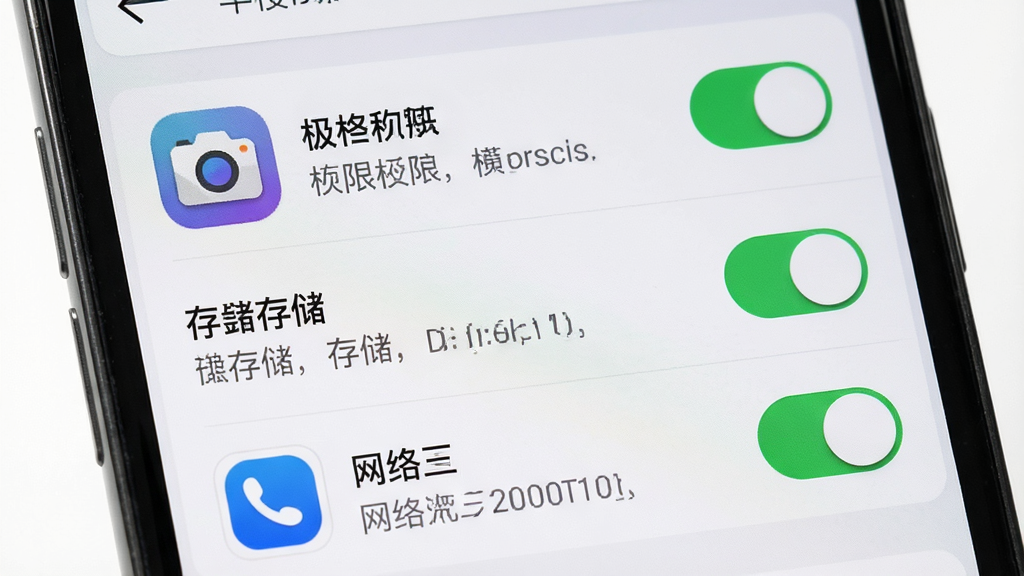 一张半映新手操作示意图,画面中手机屏幕显示权限设置页面,包含相机、存储、网络三个权限开关,布局为列表式,排版清晰,风格为浅灰质感,细节包括半映应用图标、权限说明文字、开启按钮,画质高清,干净,无多余元素