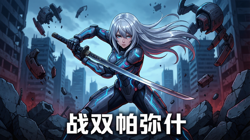 画面中央展示一位银白色长发、身穿科幻装甲的女性构造体角色,手持太刀摆出战斗姿态,背景是残破的都市废墟与漂浮的机械残骸,整体色调偏冷蓝与暗红交织,画面风格为二次元赛博朋克插画,细节包括装甲上的发光纹路、飘动的发丝、地面碎裂的混凝土块,画质高清,干净,无多余元素,画面下方居中位置用白色粗体字写着“战双帕弥什”。