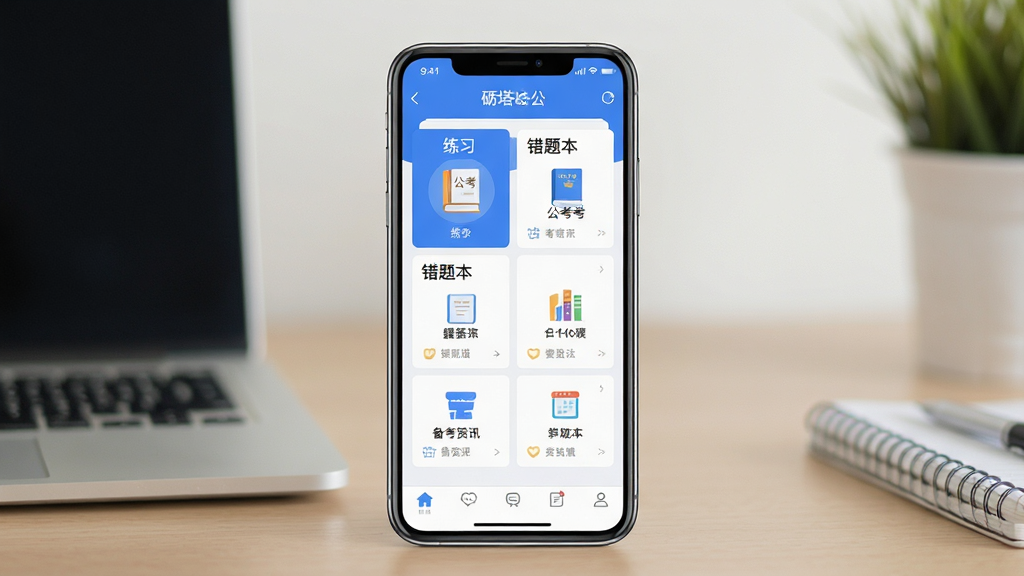 一张展示砺塔公考手机应用主界面的场景图,画面中央是一部竖屏智能手机,屏幕内呈现题库练习、错题本、备考资讯等功能模块,主体突出、布局居中,采用清新简约的扁平化设计风格,细节上包含蓝色与白色搭配的界面元素和公考书籍图标,画质清晰干净,无多余元素