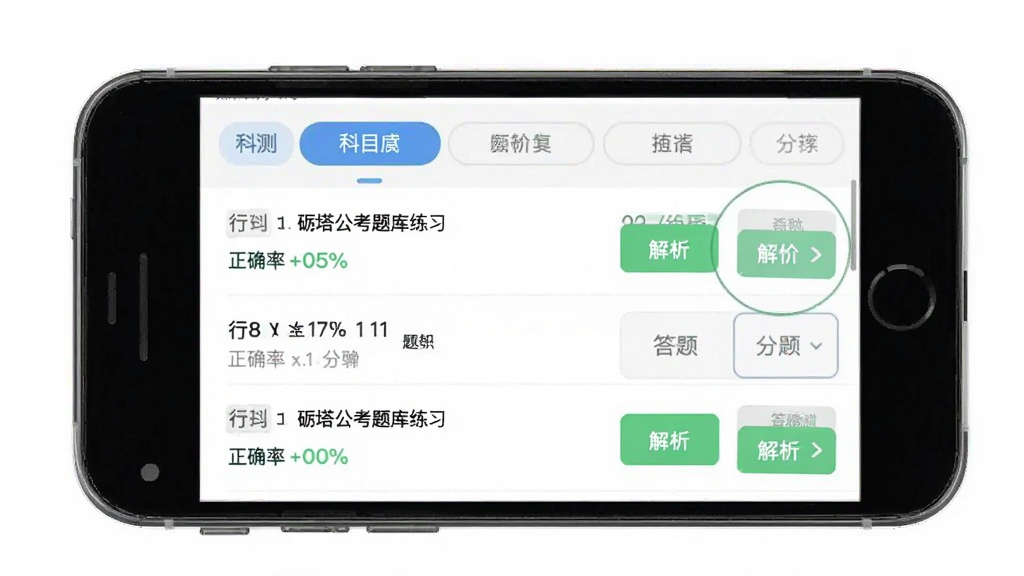 砺塔公考题库练习界面展示图,主体为手机屏幕中的行测分类练习页面,布局采用上下结构,上方为科目切换标签,下方为题目列表与答题卡,风格为清爽的移动端学习应用界面,细节包含题号、正确率百分比和解析按钮,画质清晰干净,无多余元素