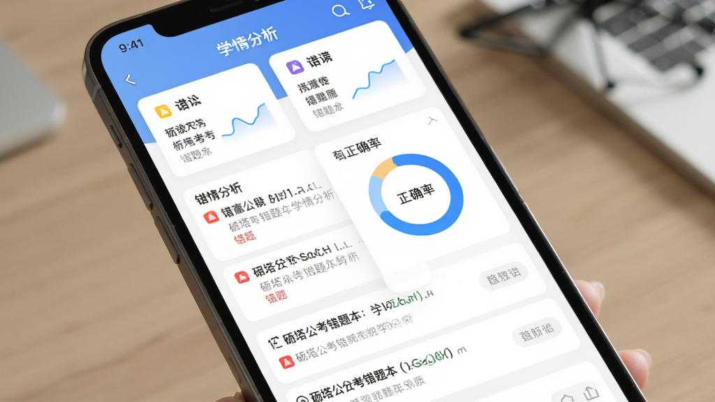 砺塔公考错题本与学情分析页面展示图,主体为手机屏幕中的错题列表与正确率环形图,布局为上方统计卡片、下方错题条目,风格为现代教育类应用界面,细节包含红色错题标记和蓝色数据图表,画质清晰干净,无多余元素