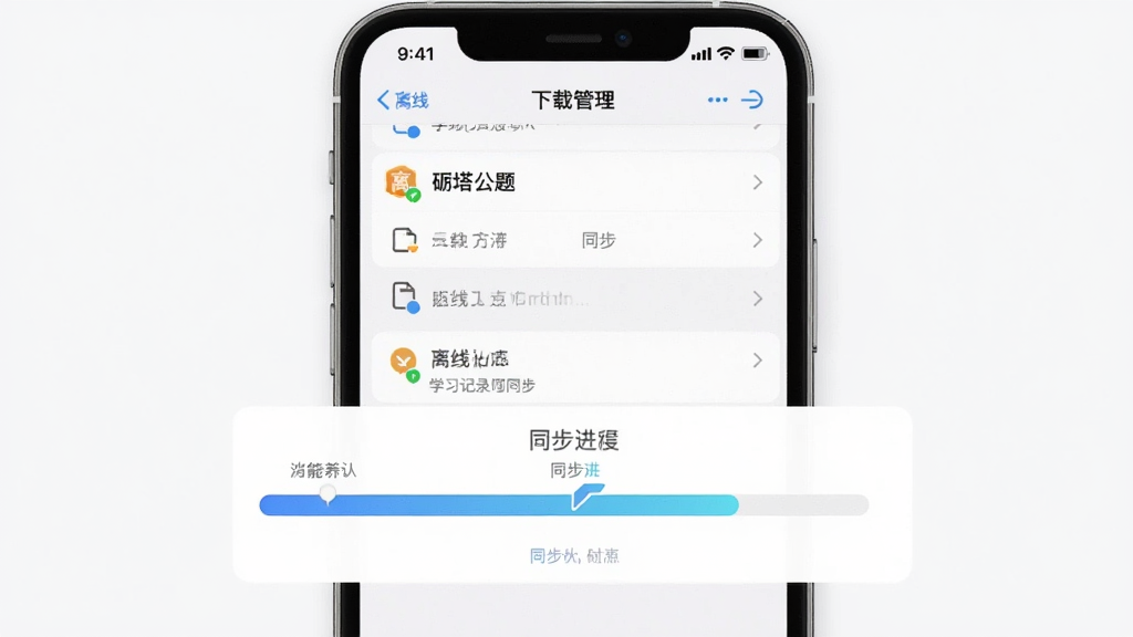 砺塔公考离线刷题与学习记录同步功能展示图,主体为手机屏幕中的下载管理页面与同步进度条,布局为上下排列,风格为简洁的工具类应用界面,细节包含离线标识和同步箭头图标,画质清晰干净,无多余元素