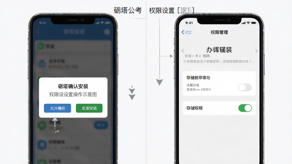 砺塔公考安装与权限设置操作示意图,主体为手机屏幕中的安装确认弹窗与权限管理页面,布局为左右分栏展示两个操作步骤,风格为简洁的教程类界面,细节包含允许安装按钮和存储权限开关,画质清晰干净,无多余元素