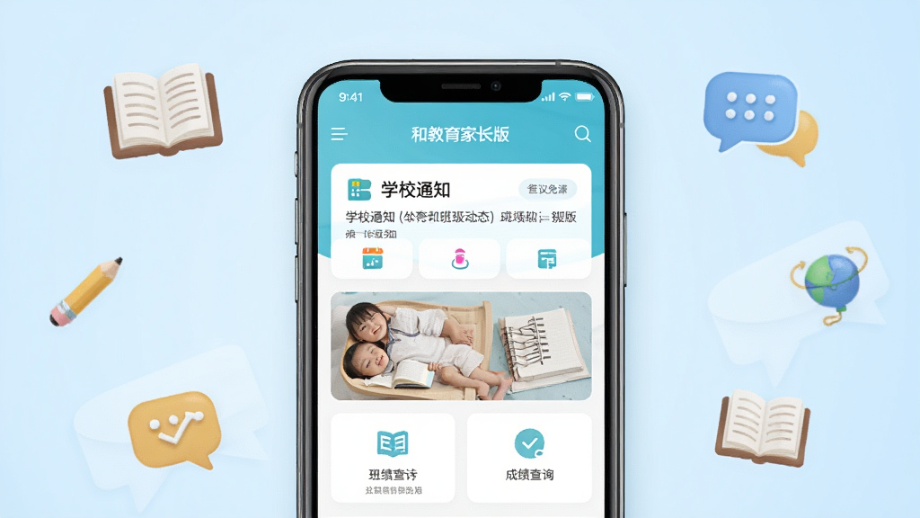 一张展示和教育家长版手机应用主界面的图片,画面中央是一部智能手机,屏幕上显示和教育家长版APP的首页,包含学校通知、班级动态、成绩查询等功能模块,界面简洁清新,背景为浅蓝色渐变,周围环绕着书籍、铅笔、对话框等教育相关的小图标,整体风格温馨现代,画质清晰,干净无多余元素
